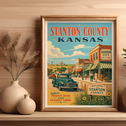 Vintage poster for Stanton County, Kansas, featuring Johnson City.