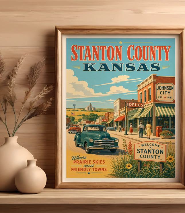 Vintage poster for Stanton County, Kansas, featuring Johnson City.