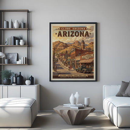 Globe, Arizona vintage travel poster showing historic mining town, truck, and mountains.