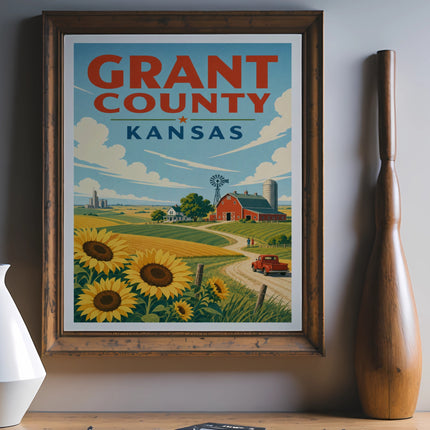 Grant County, Kansas travel poster with sunflowers, barn, and red truck.