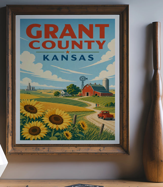 Grant County, Kansas travel poster with sunflowers, barn, and red truck.