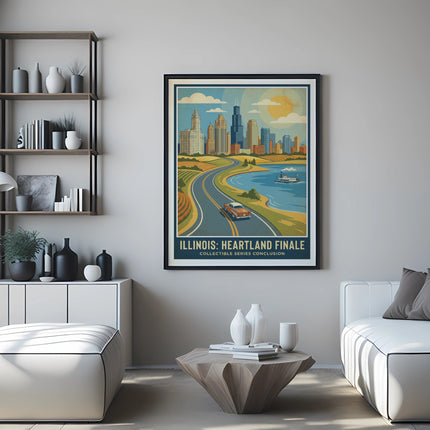 Art print depicting the Illinois Heartland Finale, a city skyline with a road and lake.