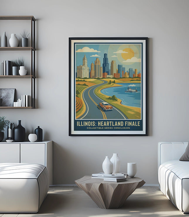 Art print depicting the Illinois Heartland Finale, a city skyline with a road and lake.