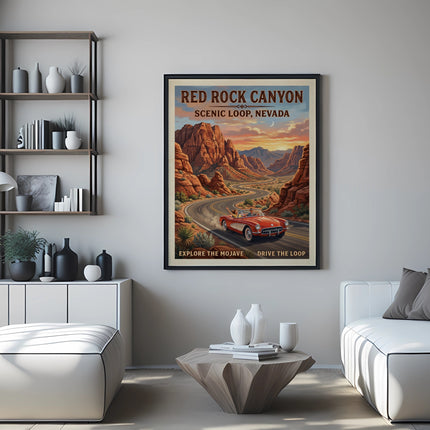 "Red Rock Canyon Scenic Loop, Nevada" travel poster and decor in a modern room.