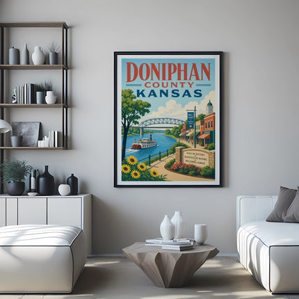 Doniphan County, Kansas travel poster with river scene and text.
