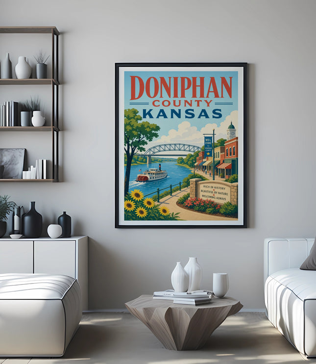 Doniphan County, Kansas travel poster with river scene and text.
