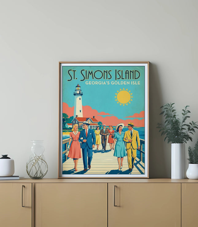 St. Simons Island Georgia's Golden Isle vintage travel poster with lighthouse and couple.