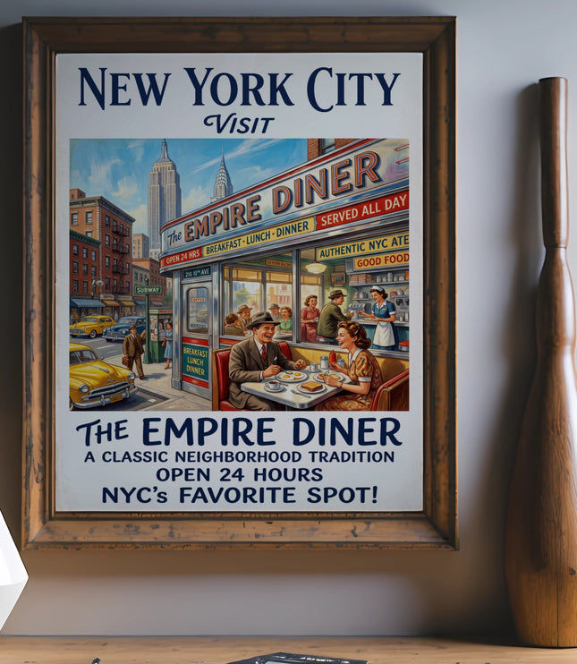 Vintage New York City Empire Diner poster with cityscape and people.