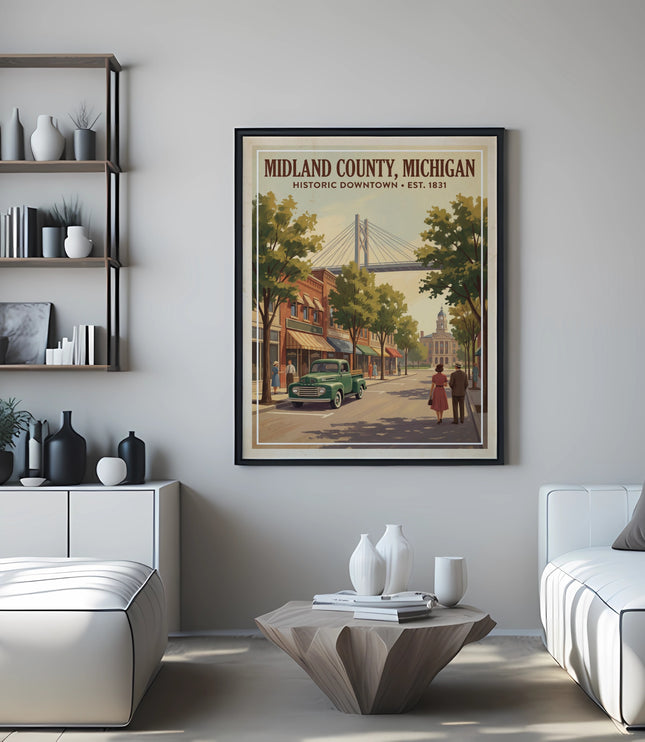 Poster of Midland County, Michigan historic downtown with a green truck and a bridge.