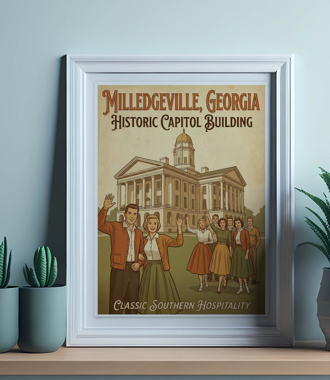 Milledgeville, Georgia Historic Capitol Building poster with retro figures.