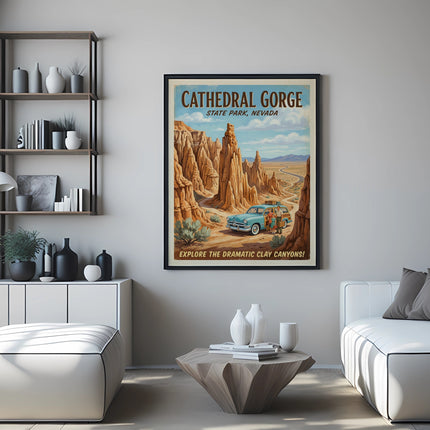Vintage travel poster of Cathedral Gorge State Park, Nevada, with a car and family.