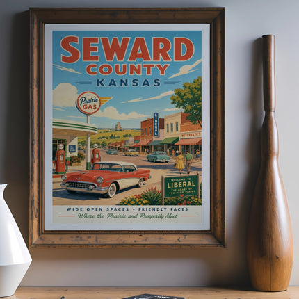 Retro poster for Seward County, Kansas, featuring Liberal.