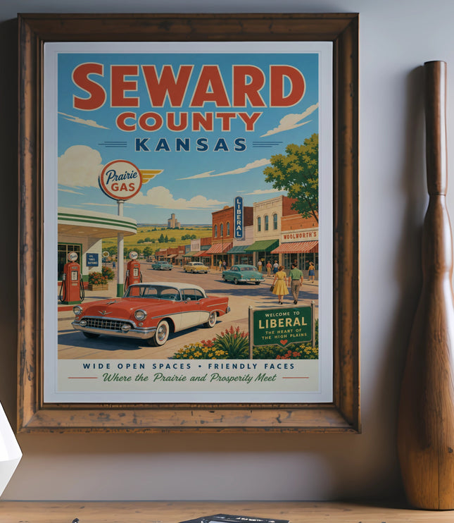 Retro poster for Seward County, Kansas, featuring Liberal.