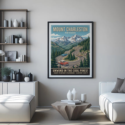 Mount Charleston Nevada loop road poster with mountains and pines.