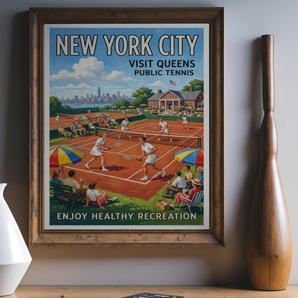 Vintage "New York City Visit Queens Public Tennis" poster with people playing tennis.