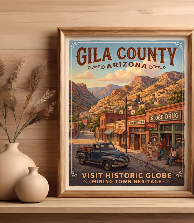 Gila County, Arizona mining town heritage poster with street view and vintage truck.