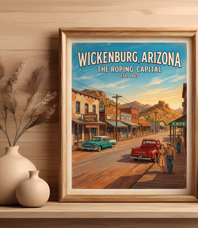 Wickenburg, Arizona poster featuring a vintage western street scene with classic cars.