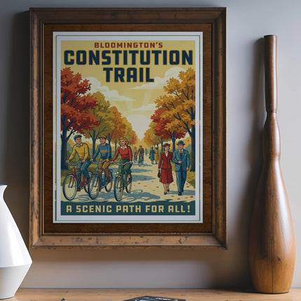 Poster for Bloomington Constitution Trail featuring cyclists and walkers on a scenic path.