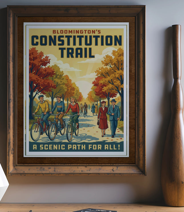 Poster for Bloomington Constitution Trail featuring cyclists and walkers on a scenic path.