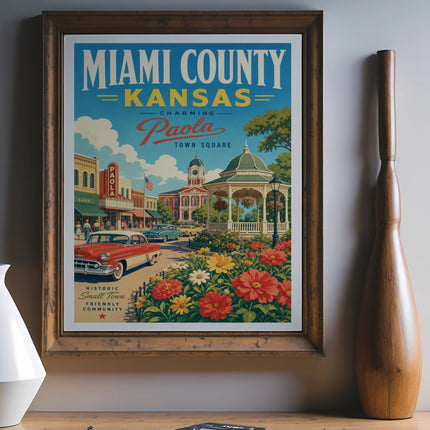 Miami County, Kansas vintage poster featuring Paola Town Square.