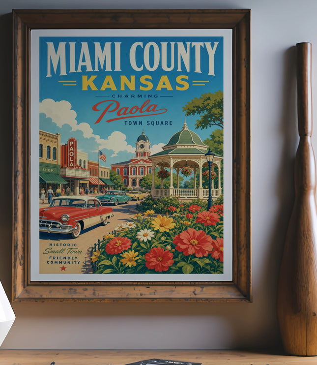 Miami County, Kansas vintage poster featuring Paola Town Square.