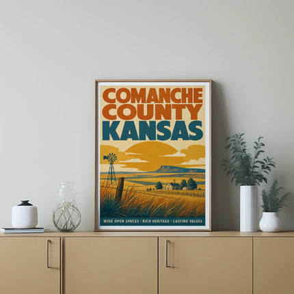 Comanche County Kansas landscape with windmill, fields, and text.