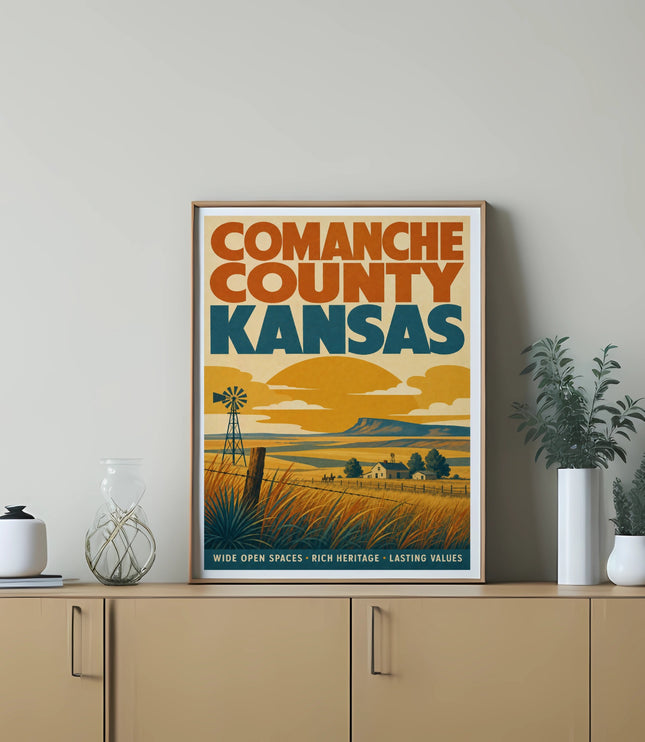 Comanche County Kansas landscape with windmill, fields, and text.