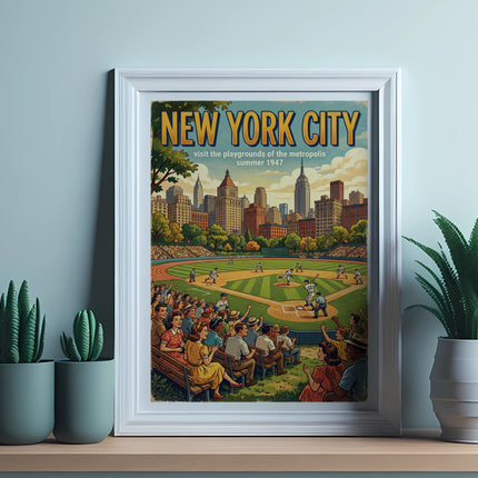 Vintage New York City baseball game poster, circa 1947, framed.
