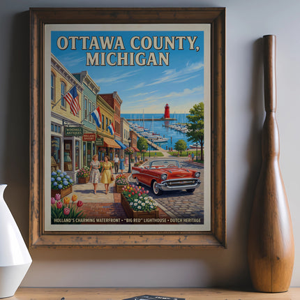 Vintage-style poster of Ottawa County, Michigan, showcasing Holland's waterfront, lighthouse, and classic car.