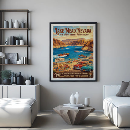 Lake Mead, Nevada poster with vintage vacation scene and text.