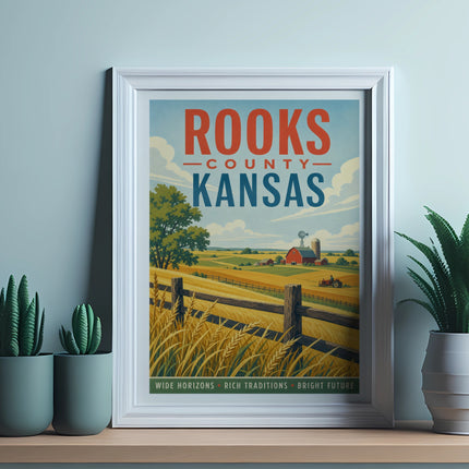 Poster of a Kansas landscape with text "ROOKS COUNTY KANSAS".