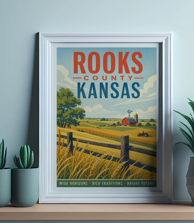 Poster of a Kansas landscape with text "ROOKS COUNTY KANSAS".