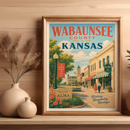 Vintage travel poster for Alma, Wabaunsee County, Kansas with text and buildings.
