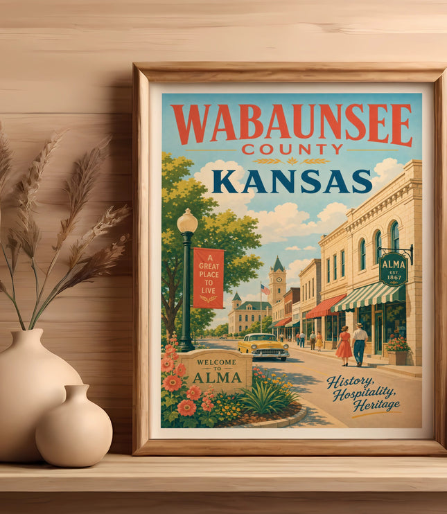 Vintage travel poster for Alma, Wabaunsee County, Kansas with text and buildings.