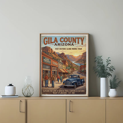Gila County Arizona vintage travel poster featuring Globe mining town and truck.