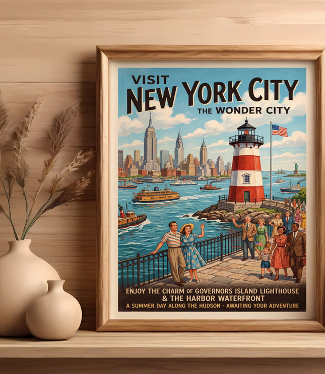 Vintage New York City poster featuring skyline, lighthouse, and families by the water.