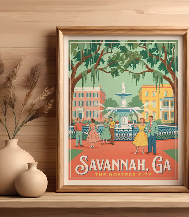 Framed vintage poster of Savannah, GA with people and a fountain.