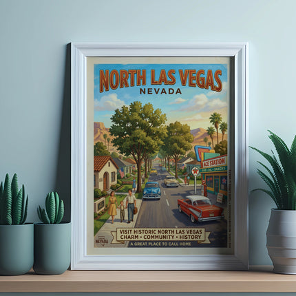 North Las Vegas, Nevada poster with vintage cars and a family walking.