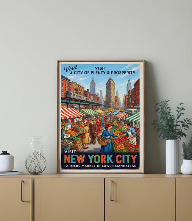 Vintage poster of a New York City farmers market with buildings, people, and produce.