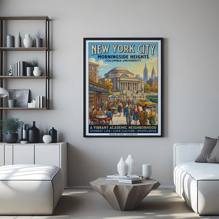 New York City Morningside Heights Columbia University vintage travel poster.