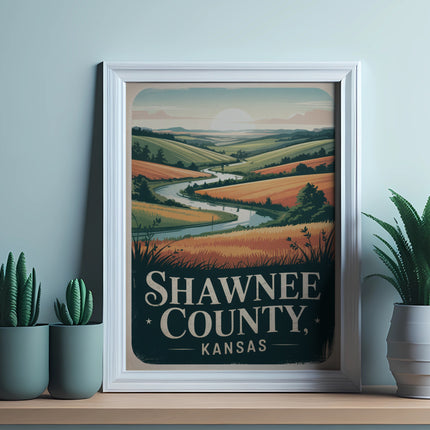 Framed art print of rolling hills and a winding river with "Shawnee County, Kansas" text.