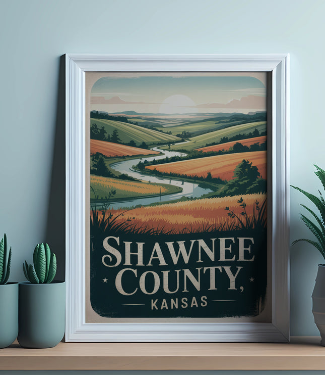 Framed art print of rolling hills and a winding river with "Shawnee County, Kansas" text.