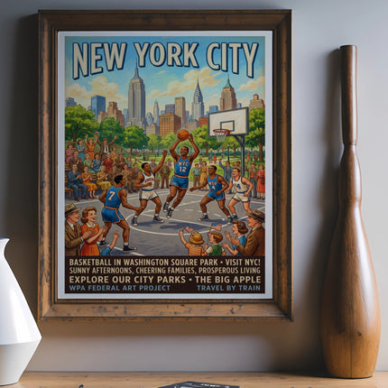 New York City WPA Federal Art Project poster of basketball in Washington Square Park.