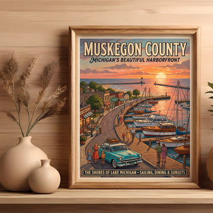 Muskegon County Michigan harborfront art with boats, buildings, and sunset.