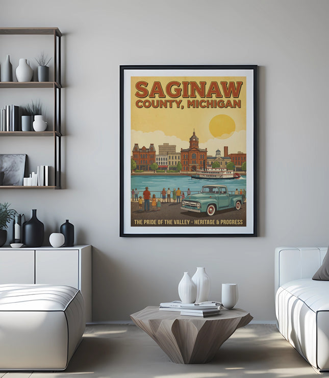 Saginaw County, Michigan vintage travel poster featuring a river, buildings, and truck.