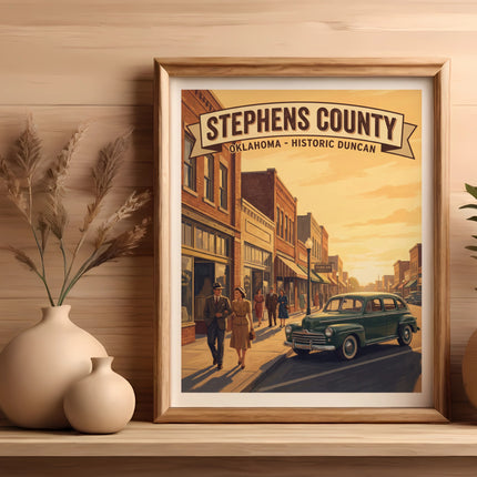 Framed vintage poster of Stephens County Oklahoma Historic Duncan street scene.
