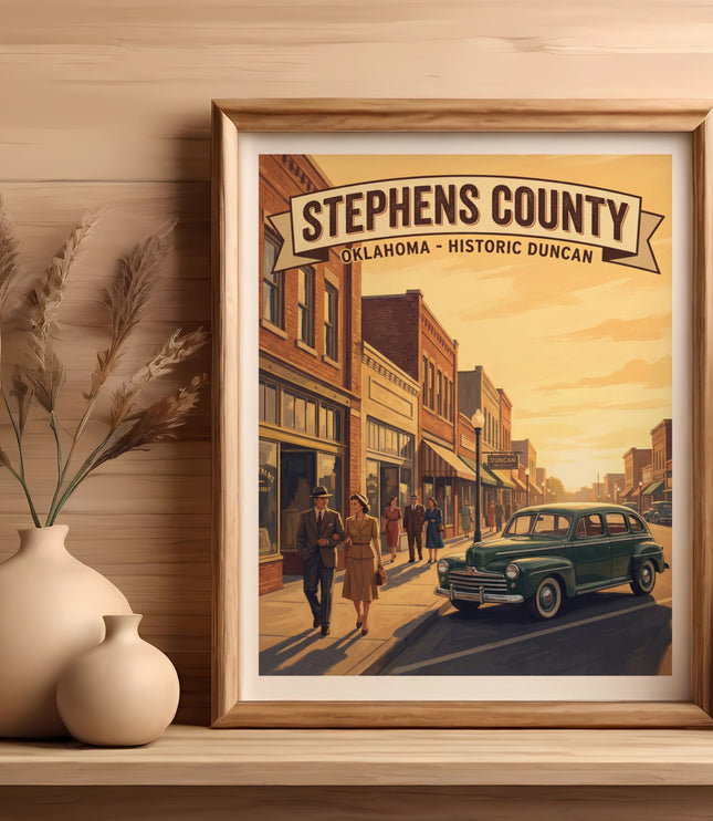 Framed vintage poster of Stephens County Oklahoma Historic Duncan street scene.