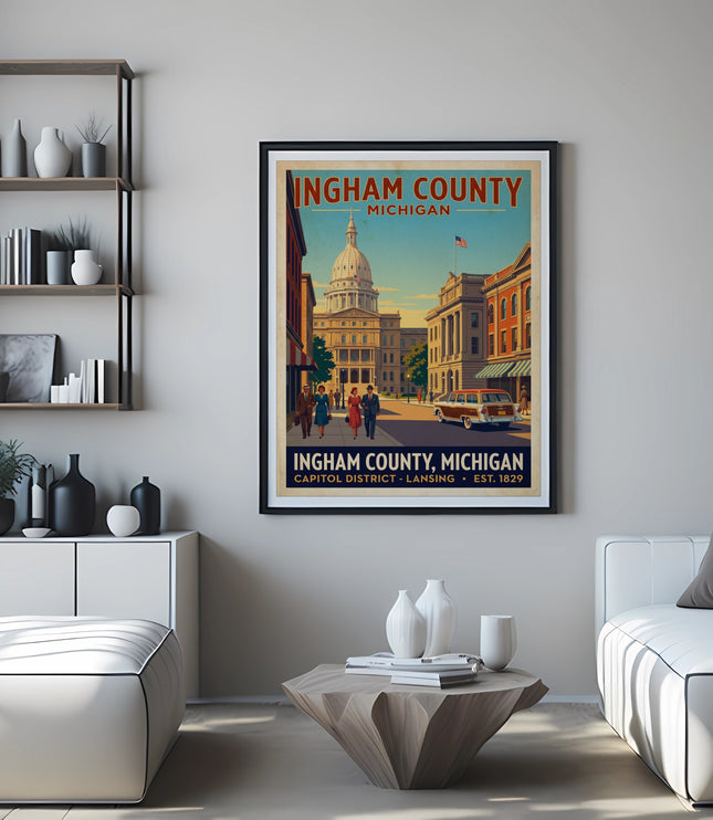 Ingham County Michigan vintage poster featuring capitol building and mid-century station wagon.