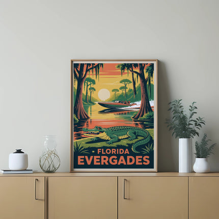 Florida Everglades poster with alligator and airboat at sunset.