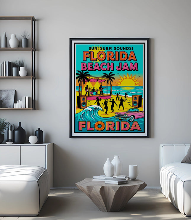 "Sun! Surf! Sounds! Florida Beach Jam" poster featuring a band on stage, beachgoers, and a pink car.